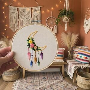 Wildflower Moon Dream Catcher - Finished Completed Embroidery Hoop Art